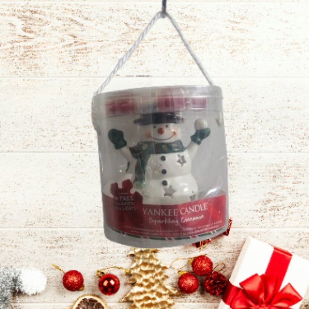 Yankee Candle sparkling cinnamon snowman tea lights holder 4 free scented candle